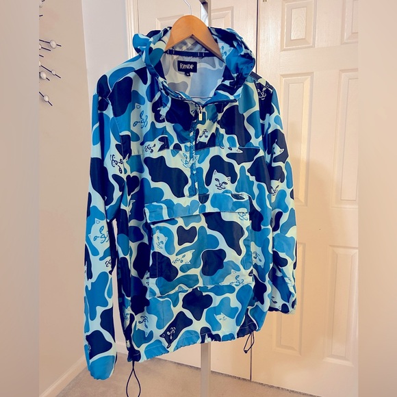 RARE RIPNDIP Nerm Cat Camo Packable Anorak Hooded Windbreaker Medium Blue - Picture 3 of 8